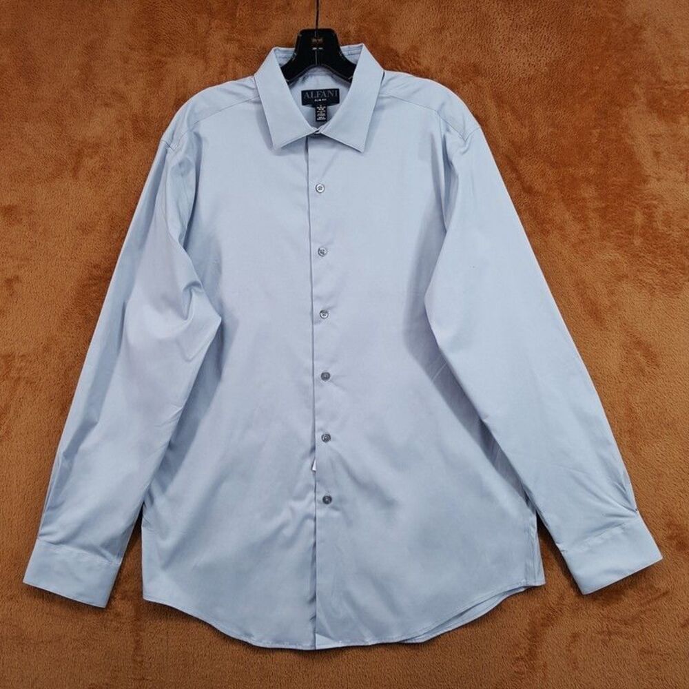 ALFANI Dress Shirt Mens Size 16 16.5 34 35 Solid Grey Slim Fit Stretch